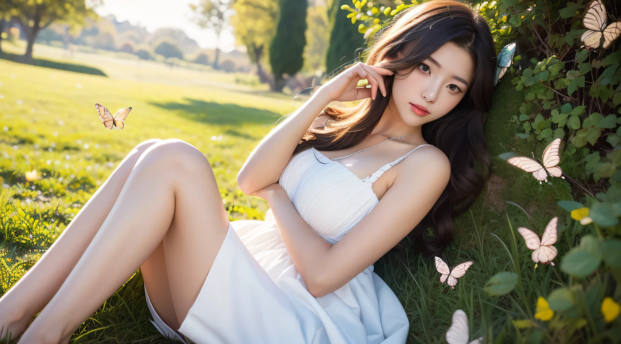 (masterpiece, highest quality), One girl with long white hair sitting on the grass, Put your hand under your chin, Warm lighting, White Dress, ((Colorful butterflies all around))