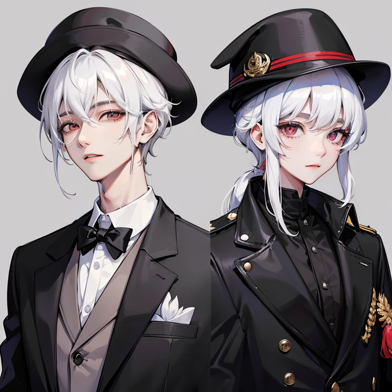 Hombre arapeado con chaqueta negra, camisa blanca y corbata, joongwon charles jeong, pelo blanco, ojos morados