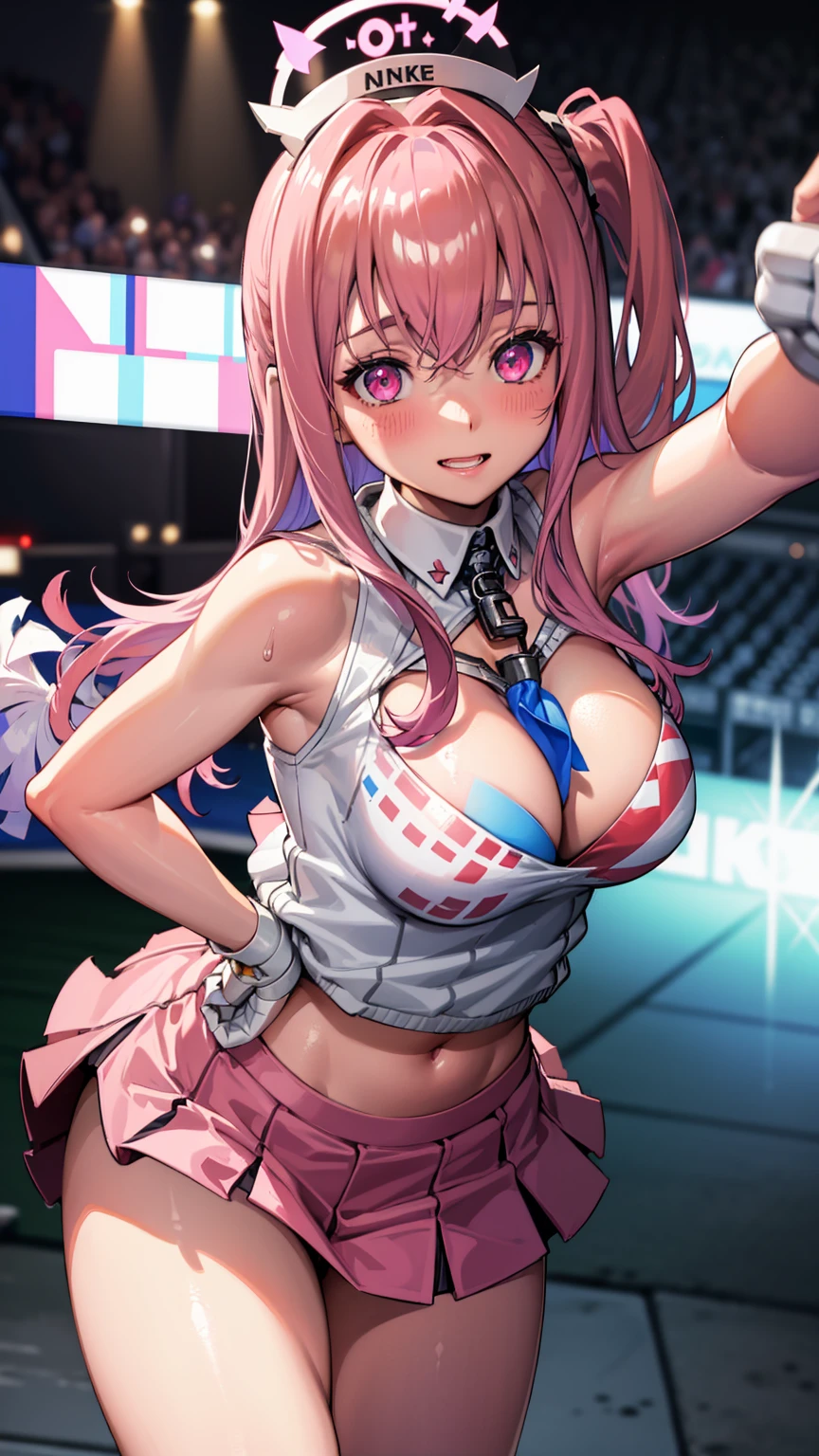 ((highly detailed)), ((nikke)), ((pepper: 1.2)), perfect human hands, (great breast:1.1),masterpiece, best quality, ultra-detailed, glistening shiny, glowing light, ray tracing, HDR, deph of field, (perfect face, detailed face, detailed eyes,perfect hands,perfect fingeredium :1.2),8k,HD,ultra realistic face,ray tracing,perfect lighting,best quality, ultra-detailed, shiny eyes, ( smile:1.1), ((1girl:1.2)),cowboy shot,thicc,streaked_hair,((pink gradient hair)),multicolored eyes, gradient eyes, red eyes, (glowing eyes:1.5), mascara, (fashion make up), (parted lips,blush, detailed face, (((cheerleader))), stadium , morning, dark blue sky),((super detailed background)),((super detailed background)), dynamic poses, ((8k wallpaper)), (mature female), black thighhighs, gigantic sagging breast, (((lifting up skirt:1.4))), (((cheerleader outfit))), (((pom poms in hands:1.3))), (((pepper inside a stadium))), (((cheerleader shirt))), (((cheerleader t-shirt))), (((mini skirt: 1.3))), (((white panties)))