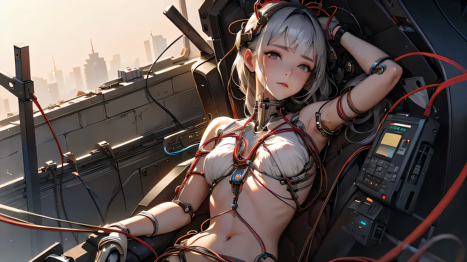 (((masterpiece))), ((best quality)), (ultra-detailed), (CG illustration), (an extremely devious and beautiful)), cinematic light, ((1 mechanical girl)), single, (machine-made joints: 1.4), ((mechanical limbs)), ( blood vessels attached to the tube), ((mechanical spine attached to the back)), ((mechanical cervical vertebrae attached to the neck), ((back to the viewer)), expressionless, (wires and cables attached to the head and body: 1.5), science fiction, apocalypse, ruins、holding a Japanese sword
