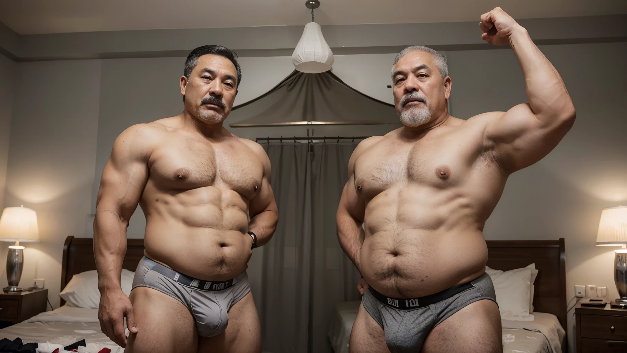 2 Vietnamese grandfathers with gray hair, old man face, a thick gray mustaches, a short gray chin beard, strongman body, wearing a massive bulging gray jockstraps stand in bedroom, have belly, big muscular chest, a sexy pose, show underwear.
