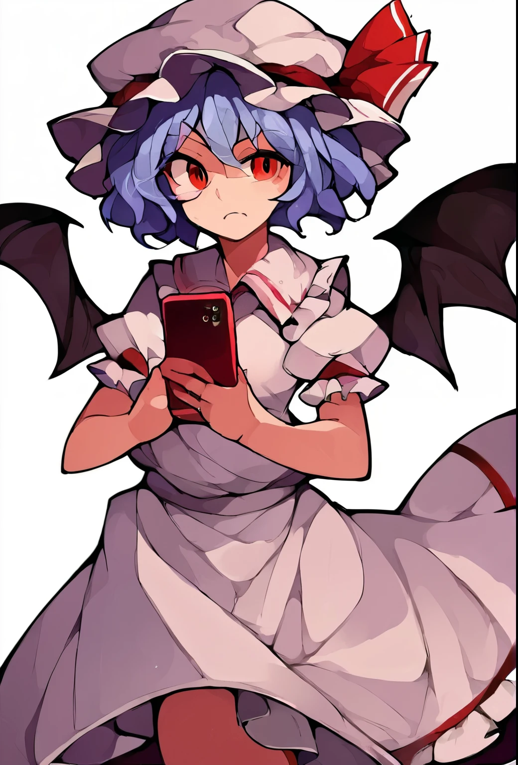 source_anime, (2d), score_9, score_8_up, score_7_up, score_6_up, score_5_up, score_4_up, solo, 1girl, standing, holding phone, looking at phone, :o, remilia_scarlet_touhou, red_eyes, short_hair, bat_wings, wings, ribbon, hat, blue_hair, mob_cap, hair_between_eyes, hat_ribbon, bangs, smile, red_ribbon, confused, raised eyebrow, cowboy shot