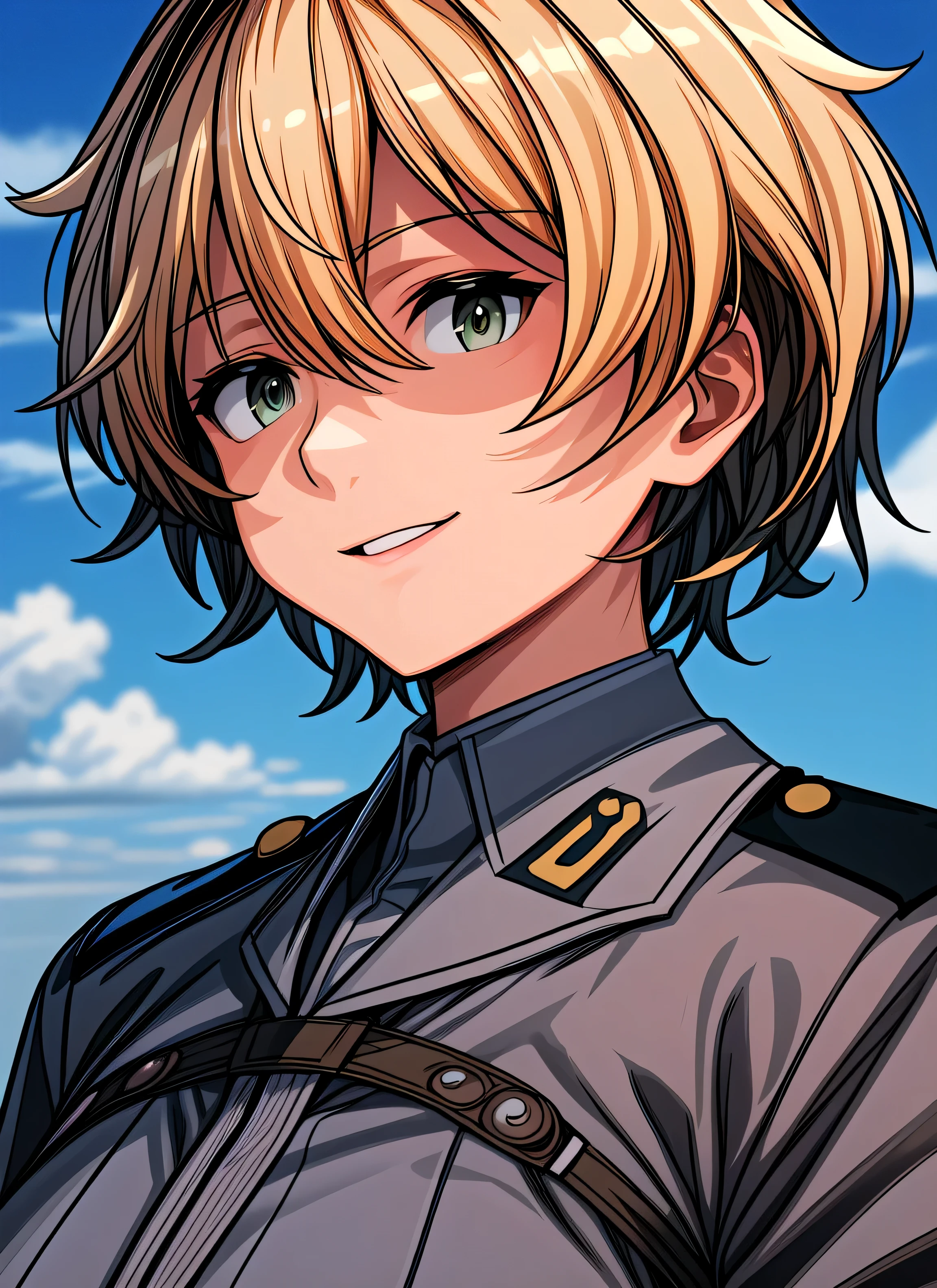 best quality, best quality, ultra-detailed, highres,sharp focus,(ultra detailed,extremely detailed), 1girl,(masterpiece, best quality), masterpiece, best quality, Krupinski, solo, upper body, smile, looking at viewer, military uniform, military airport, dim lighting, sky, clouds, dynamic angle
