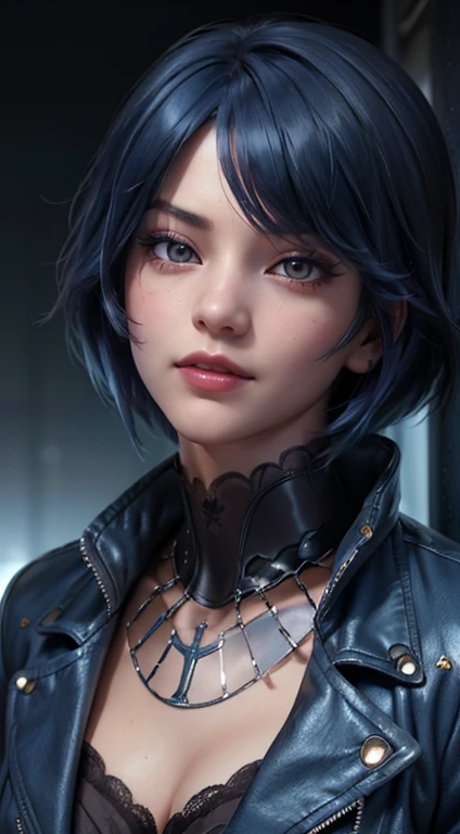 (masterpiece,detailed,high resolution:1.4) , Model photo, close up, detailed face, fine detailed eyes,, (Kirishima Touka),Blue medium hair,ghoul eye,vintage jacket,tokyo ghoul,retro futuristic background, Vibrant colors, HDR,, ,