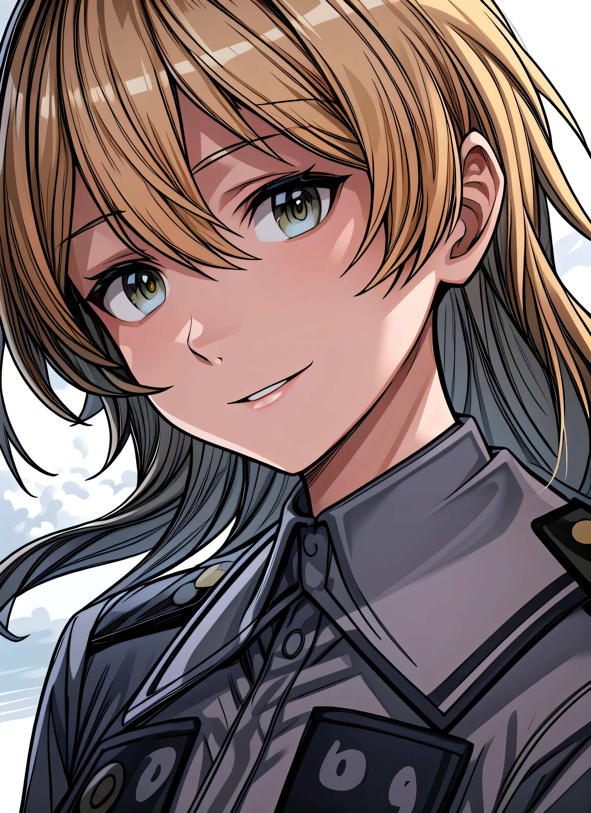 best quality, best quality, ultra-detailed, highres,sharp focus,(ultra detailed,extremely detailed), 1girl,(masterpiece, best quality), masterpiece, best quality, Krupinski, solo, upper body, smile, looking at viewer, military uniform, military airport, dim lighting, sky, clouds, dynamic angle
