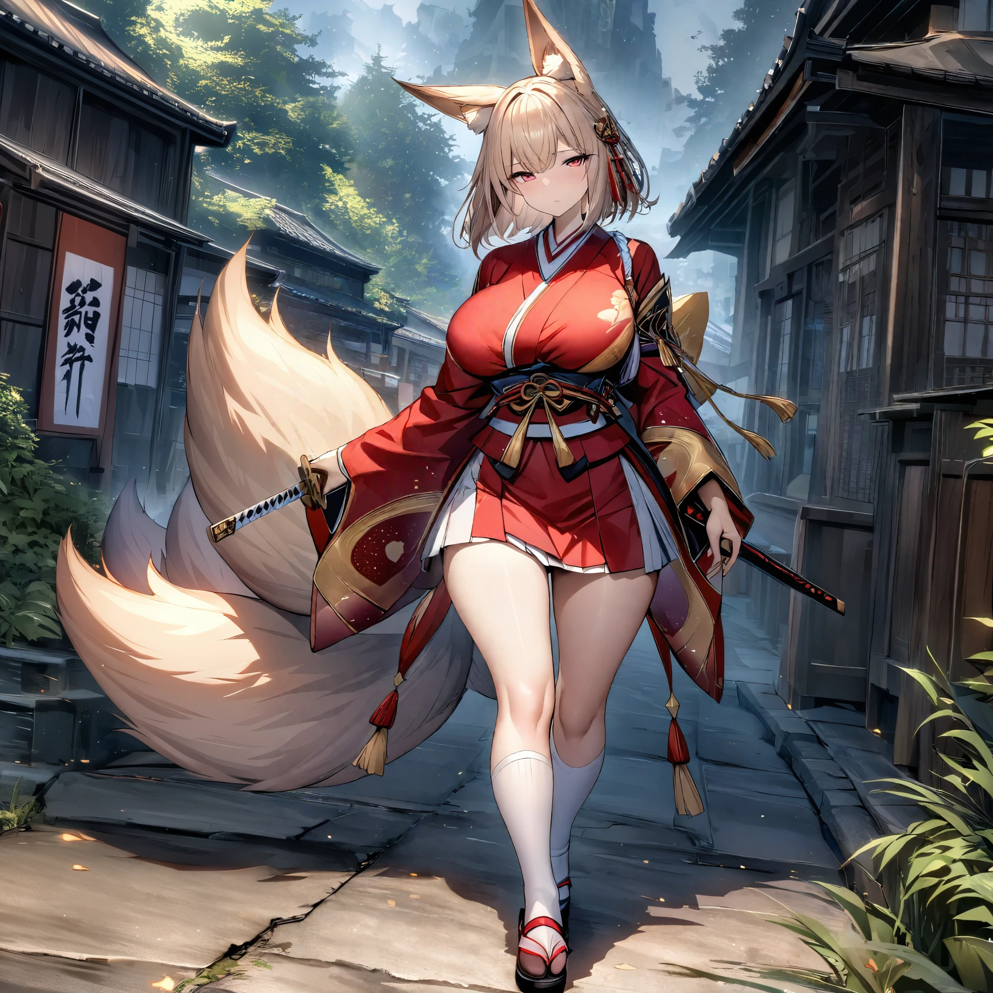 Woman in red kimono with golden details, short skirt, large breasts, beige hair, shoulder-length short hair, red eyes, kitsune ears, kitsune tail, multi-tails, long socks, golden accessories on traditional Japanese head, Japanese women's shoes , holding a katana without a sheath, expressionless face, walking in Japanese placio,HDR, ultra resolution, well defined, masterpiece, 8K HD. (woman alone)
