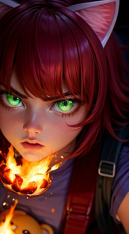 Green Eyes, annie, Red Hair, angry, brown leather backpack, short hair, fake cat ears, long bangs, fire, teddy bear, tibbers, purple shirt, flame, throwing, close up
