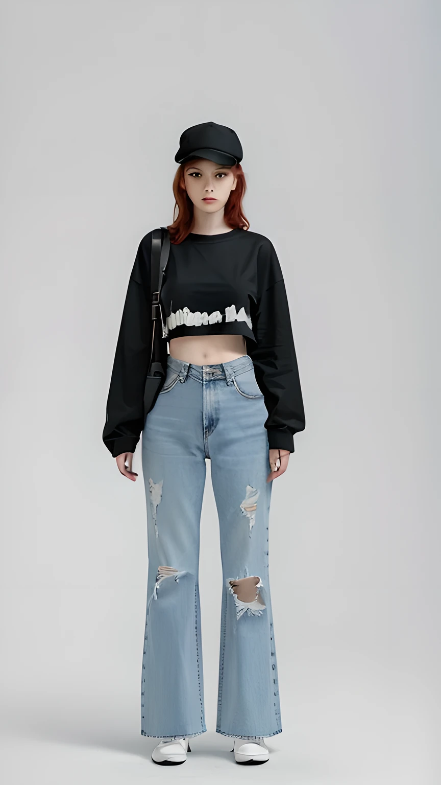 ((Realistic lighting, Best quality, 8K, Masterpiece: 1.3)), Clear focus: 1.2, 1 girl, Perfect body beauty: 1.4, Slim abs: 1.1, ((Red hair, Milk: 1.3)), (Outdoor, daytime: 1.1), Busy street, Super fine face, fine eyes, double eyelids, curly hair, fair skin, Big breasts, (Black cropped long-sleeve T-shirt), (White ripped jeans), (Black hat)