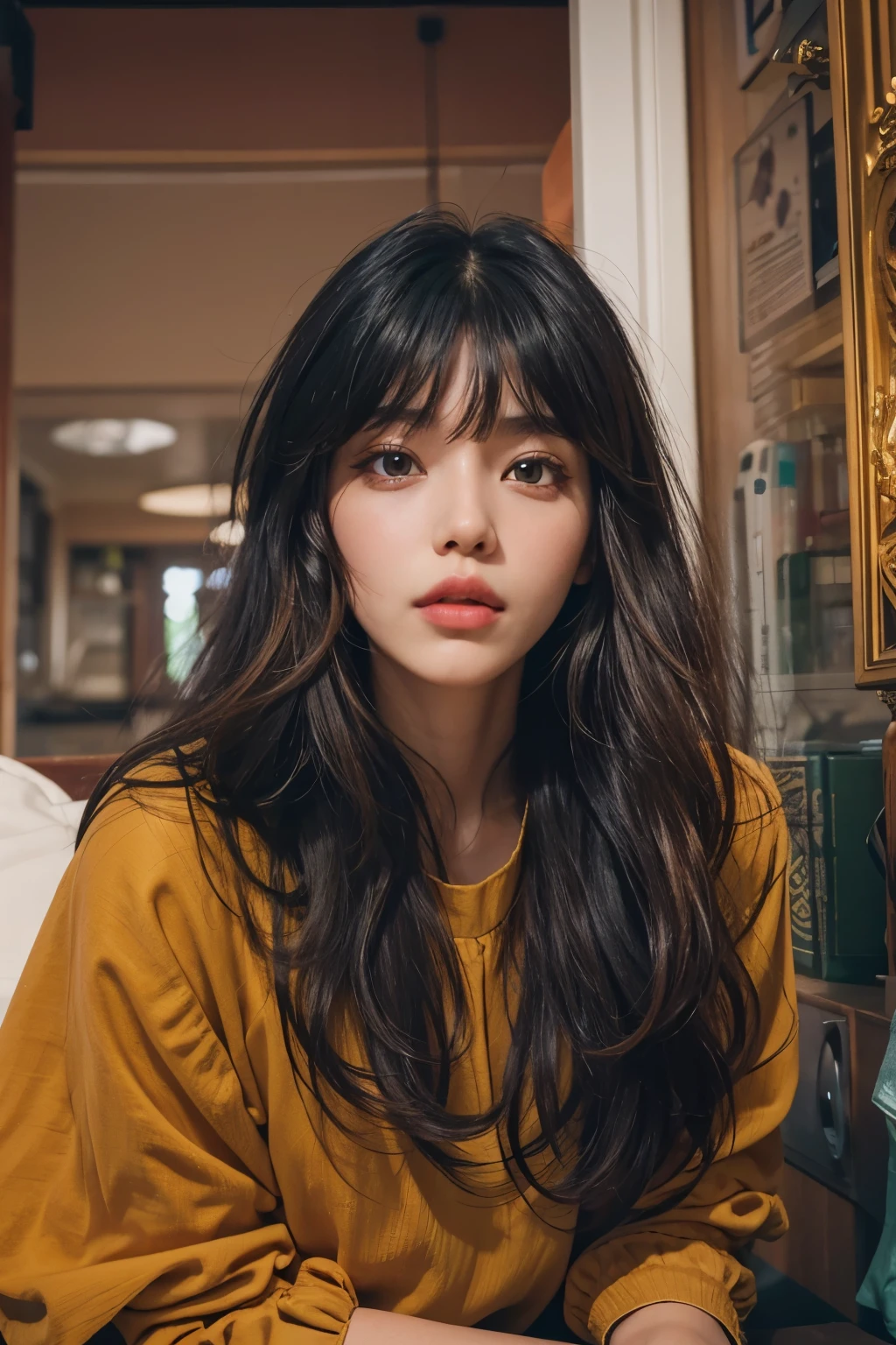 Araped woman wearing multi-colored blouse with long black hair, mustard colored skirt, curtain bangs, No makeup, wavy hair, Madison Beer, without makeup, 중앙에서 분리된 curtain bangs, Profile picture, Use Instagram Filters, Subtle soft and dim light, Pose sitting in front of a laptop, perfect face, julia sardinian, perfect hands, Random Actions,