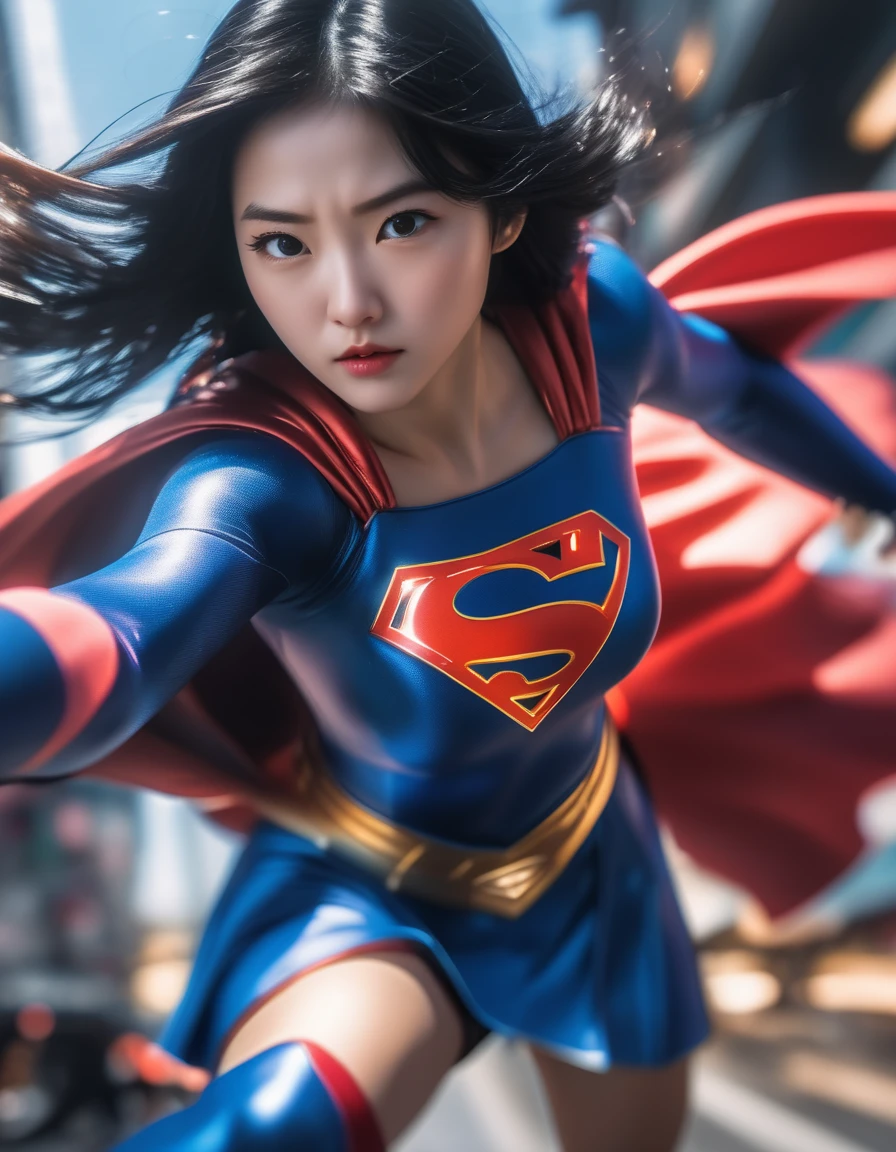 motion blur, blurry picture, superhero,  1girl, japanese supergirl, black hair, (crop top), ready to punch, depth, outerspace, blur line, motion, amazing art, hdr, 4k, raytracing, award winning, movie still, cinematic, , best quality, amazing quality, very aesthetic, absurdres