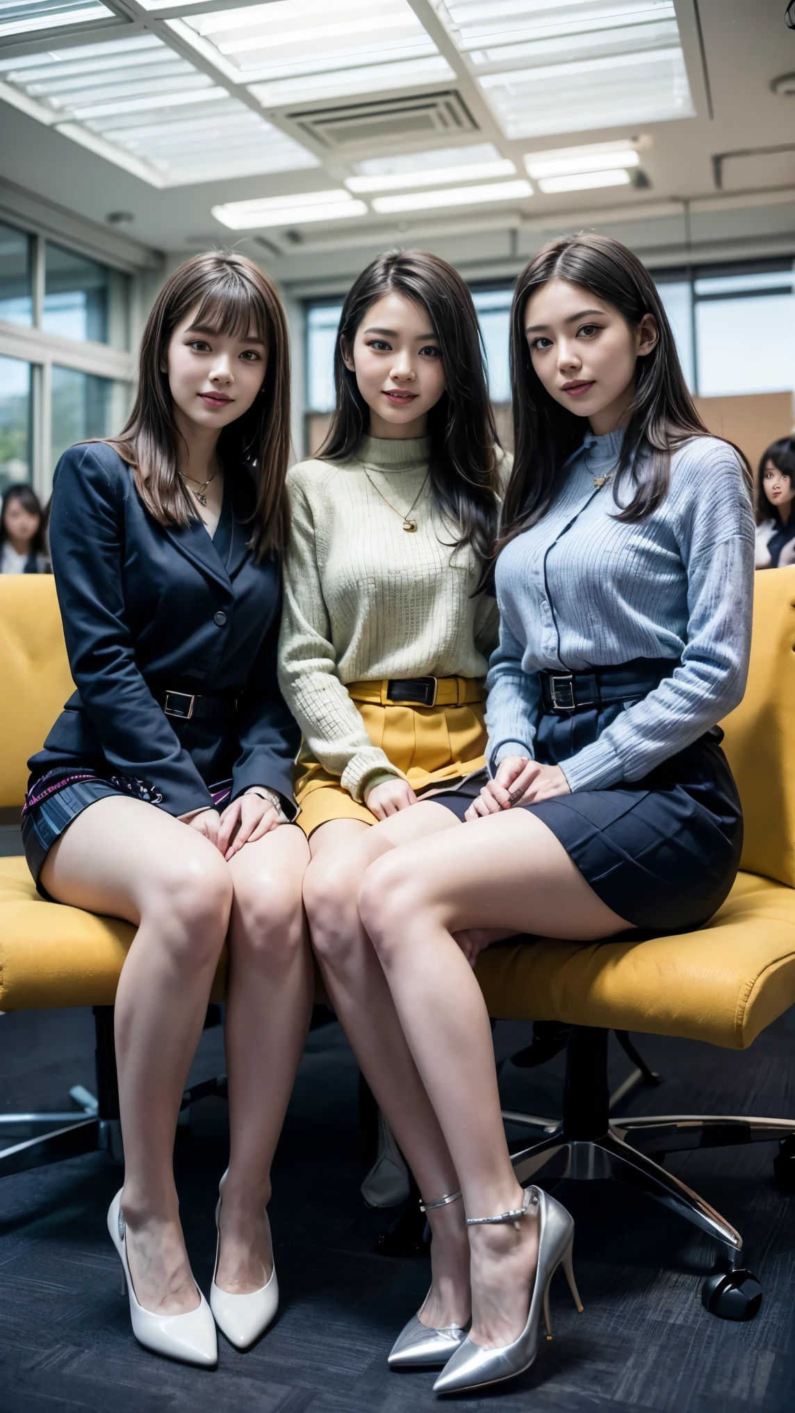 (highest quality, masterpiece, Realistic, Very detailed, Ultra-high resolution, to be born:1.3), (3 girls:1.5), beautiful, Japanese, mature, 28yo, office workers, (Tight knit, Short skirt), ({money| Silver| wine-red| navy| pink| Yellow green| violet| Sky blue} Clothes), (smile), (bangs), high waist, necklace, (office, indoor, Glass Room), (Long legs, High heels, Full Body:1.2), (Mid-chest:1.3), (crowd)、Sexy Underwear:1.5、