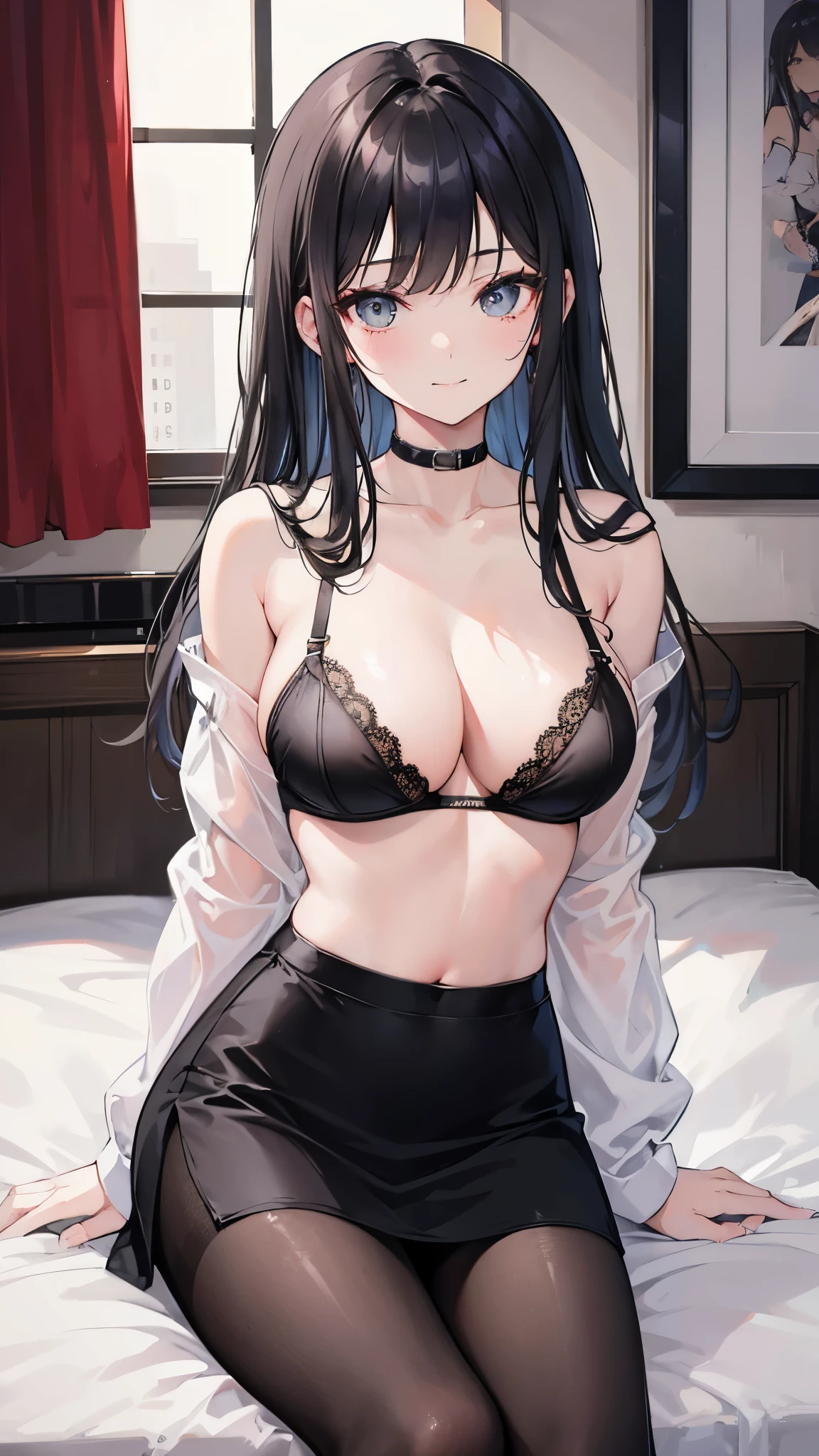 (masterpiece、highest quality、Super detailed)、One girl、Black Hair、Long Hair、Grey Eyes、evil smile、Moderate chest、((White shirt))、Off the shoulder、((black bra))、((black pencil skirt))、((black pantyhose))、Cowboy Shot、Sit on the bed、Bedroom Background
