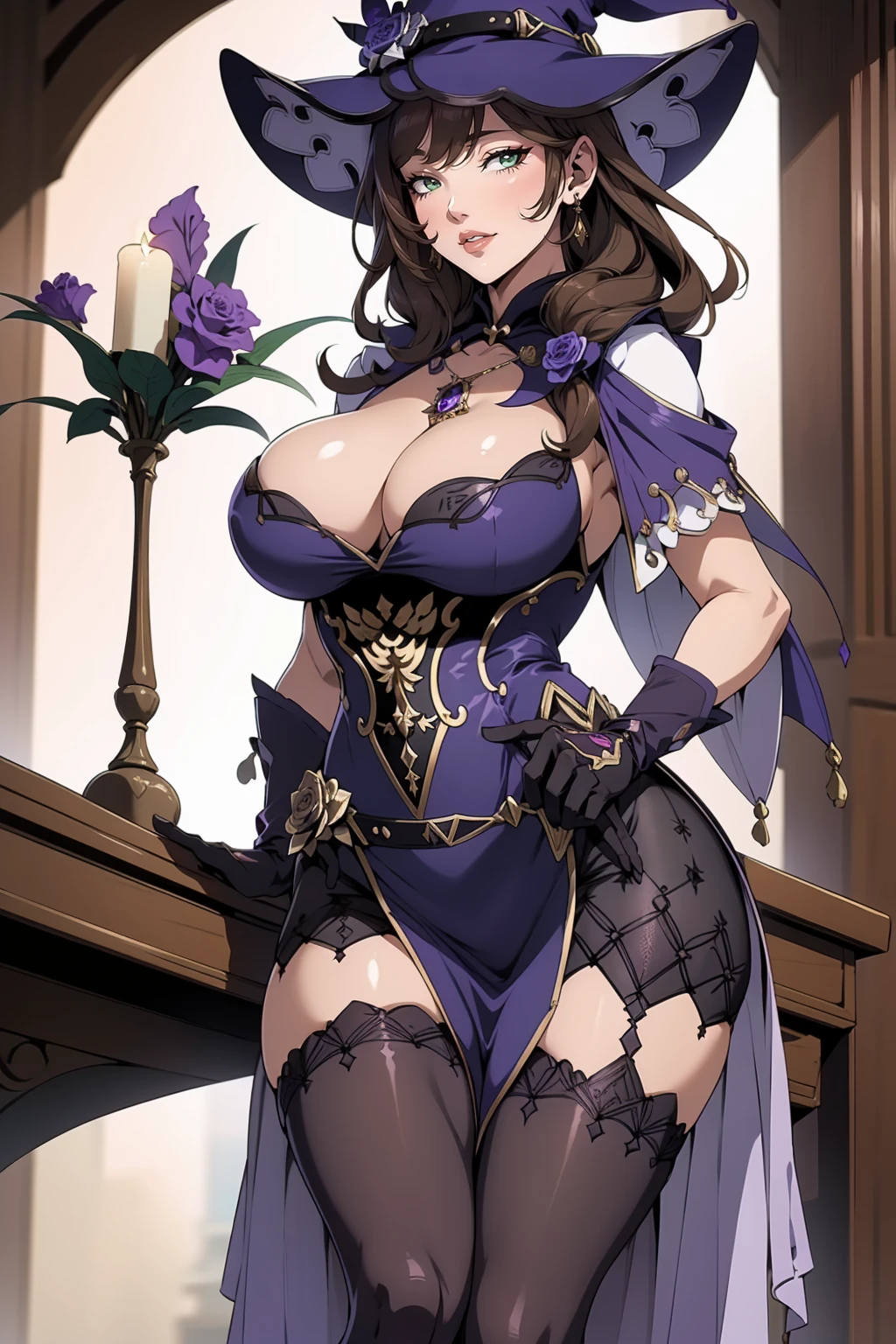 1girl, lisadef, milf, (mature female), gloves,witch hat, brown hair, hat flower, green eyes, vision (genshin impact), thighhighs, flower, cleavage,black thighhighs, rose, (large breasts), (thighs), purple rose, multicolored dress, pelvic curtain, jewelry, purple dress,long hair, capelet, multicolored clothes, purple capelet, red lips, (smile), parted lips, sexy pose, library, piles of books,