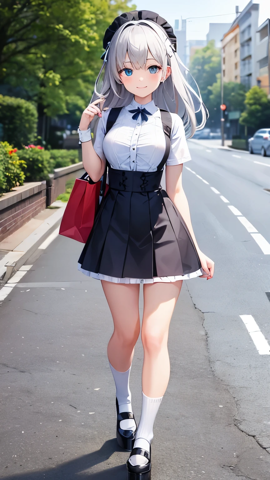 (highest quality),whole body,(one cute girl),wearing black ta dress,(silver hair,light blue eye,mini skirt,white thigh-high socks,platform footwear),(smile,happy),shopping street,walking,noon,((windy)),holding a school bag