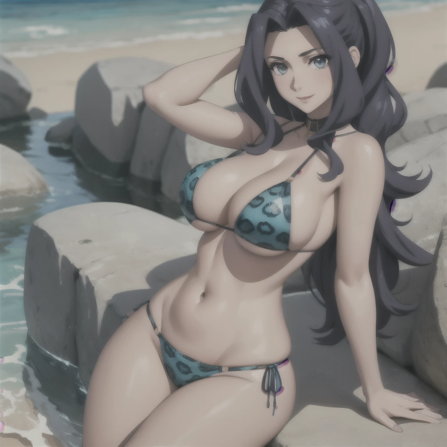 Melty Q Melromarc. ojos azules detallados, beautiful woman 27 years old light skin loose wavy blue hair, ojos azules brillantes pechos grandes, light blue bikini with jaguar design, accesorios, gotas de agua en su pecho, fondo un lago cristalino. sonrisa feliz. una sola mujer. alta calidad.