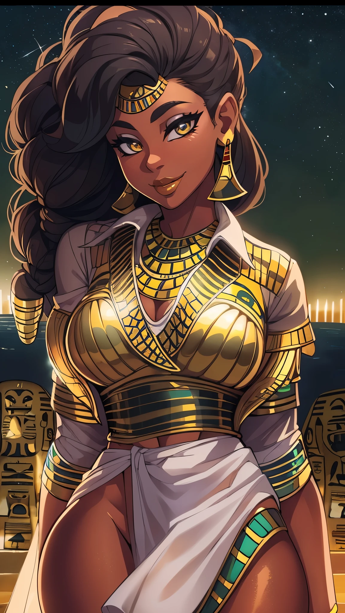 4K Quality, grinning, sexy pose, (((egyptian shirt and skirt))), standing up, ((gold lips)), dark skinned, thick thighs, big breasted, big ass, looking at viewer, braided hair, amber eyes, night time, bedroom eyes, full body, city background, perfect face, perfect body, perfect eyes, full lips, earrings,