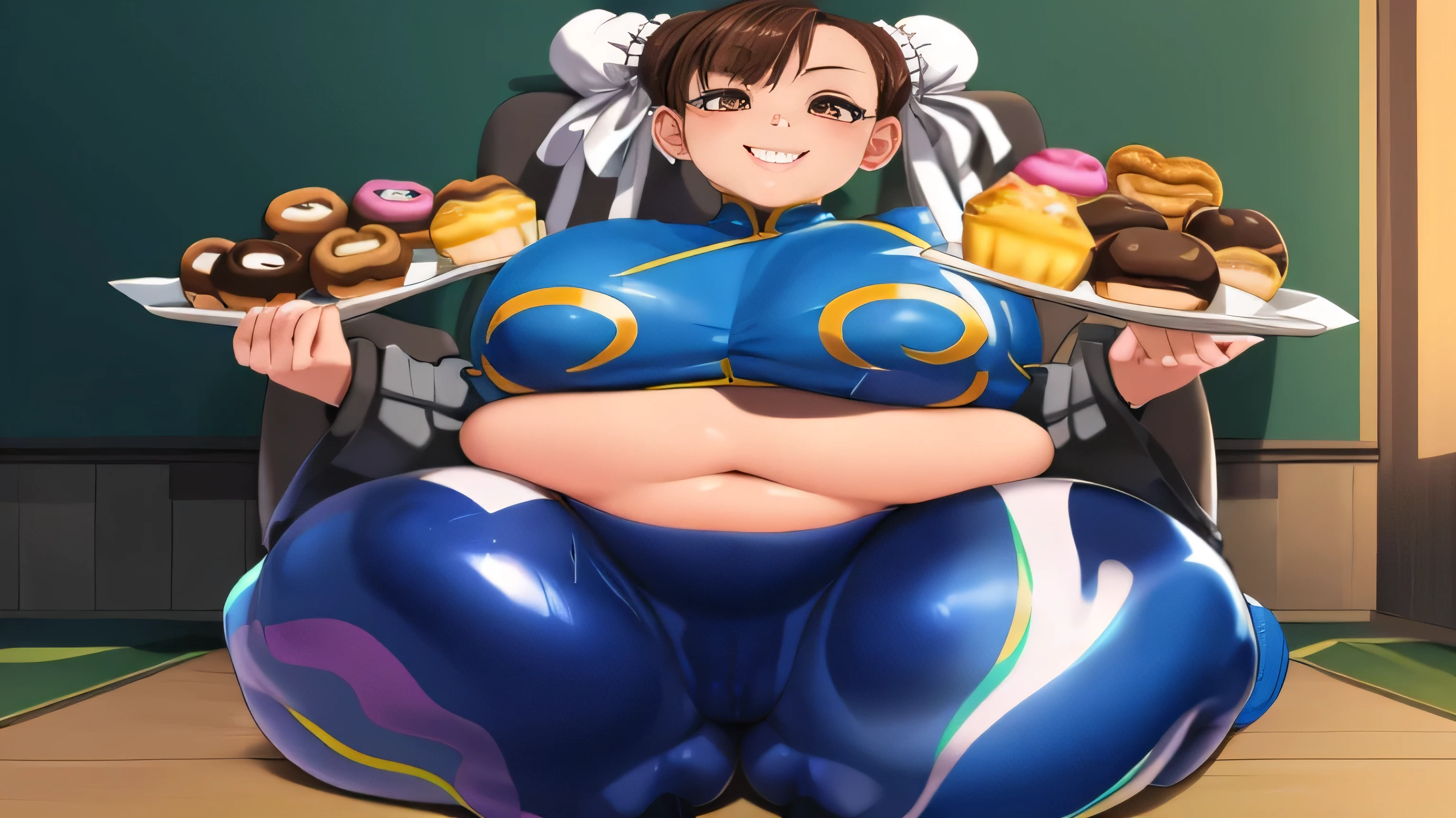 obra de arte, melhor qualidade, Fotorrealista, pequeno sorriso, Sozinho, (olhos detalhados:0.9), ChunLi, Venha donuts, lindo rosto lindo, muito gordinho, macio, curvado, Gordo, rolos de gordura, barriga gordinha, barriga rola, love handles, topo de muffin, sensual, Tight latex, thunder thighs