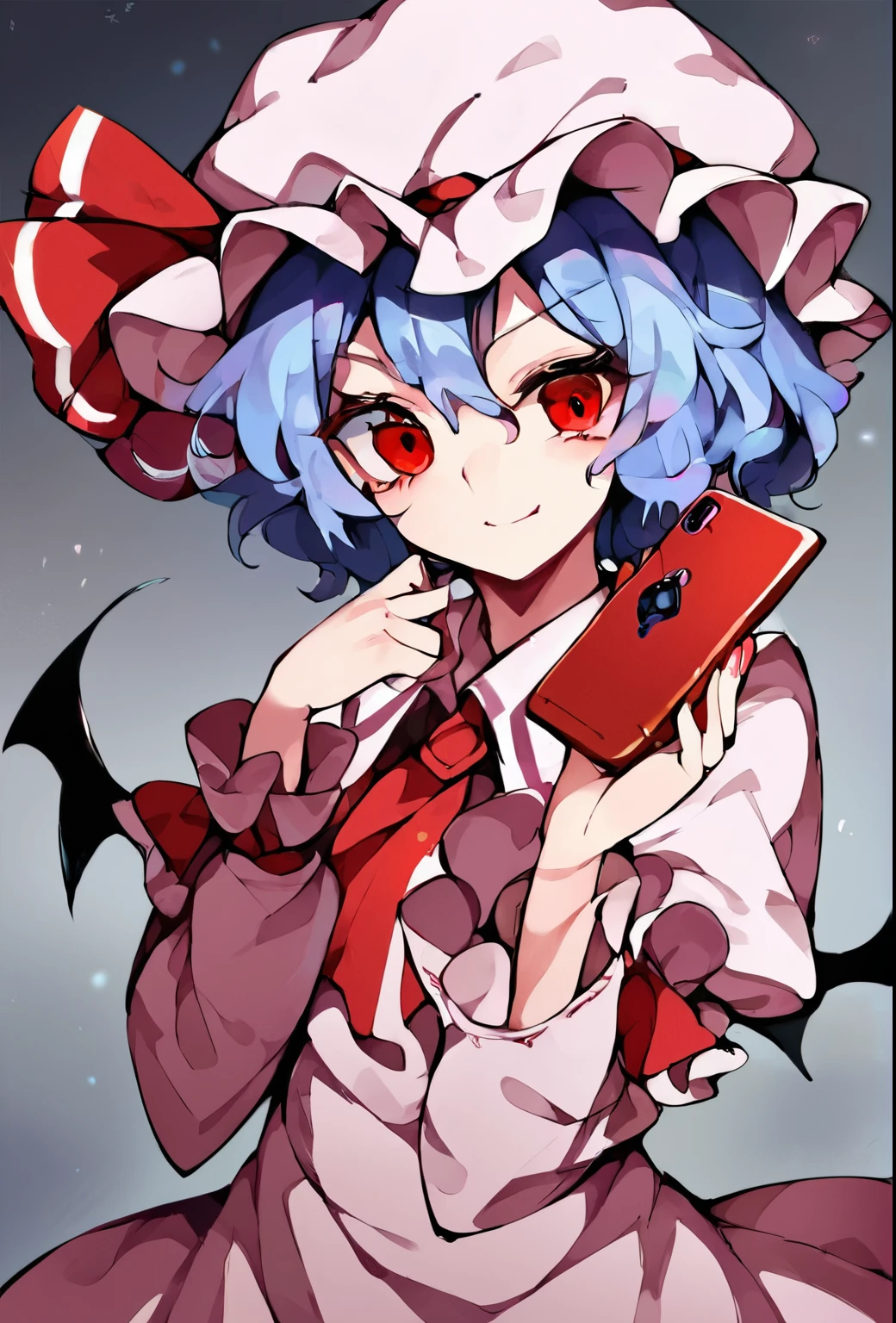 source_anime, (2d), score_9, score_8_up, score_7_up, score_6_up, score_5_up, score_4_up, solo, 1girl, standing, holding phone, looking at phone, :o, remilia_scarlet_touhou, red_eyes, short_hair, bat_wings, wings, ribbon, hat, blue_hair, mob_cap, hair_between_eyes, hat_ribbon, bangs, smile, red_ribbon, confused, raised eyebrow, cowboy shot