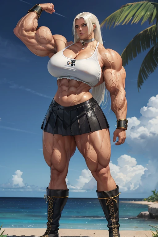 ((((Massive tall, beautiful, buff, wet, brown skinned muscular goddess woman with white hair, ginormous bulky muscles, bicep flex, wearing a white sports bra, black pleated skirt, thigh high socks and black boot)))), close view, (massive muscles), ginormous biceps, (ginormous muscle arms), hyper muscle triceps, (wet skin), (long wet hair), (gauntlets), blue eyes, choker, on a island resort, confidant smile, night, 