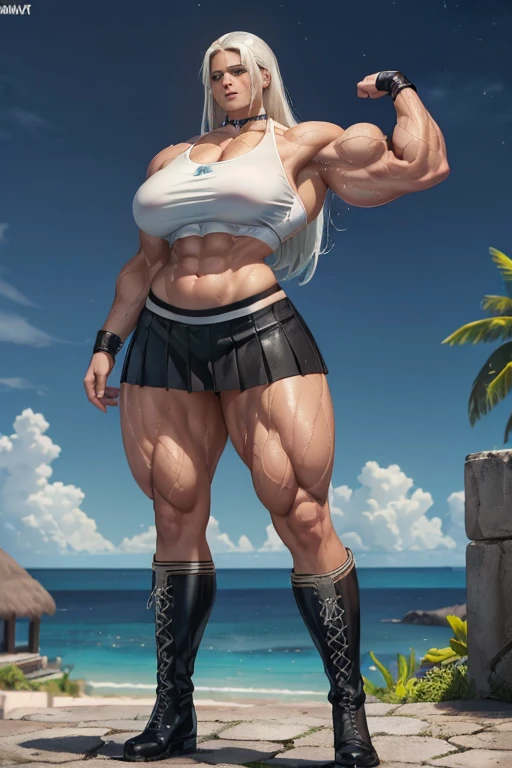 ((((Massive tall, beautiful, buff, wet, brown skinned muscular goddess woman with white hair, ginormous bulky muscles, bicep flex, wearing a white sports bra, black pleated skirt, thigh high socks and black boot)))), close view, (massive muscles), ginormous biceps, (ginormous muscle arms), hyper muscle triceps, (wet skin), (long wet hair), (gauntlets), blue eyes, choker, on a island resort, confidant smile, night, 