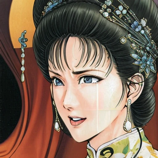 NSFW,mature female,{full_nude},{full_body},big nipple,Pubic hair of the same color as the hair,red cheek, crying, open mouth,skinny,sit on chinese traditional style bed,{best quality}, {very aesthetic}, {ultra-detailed}, {best illustration}