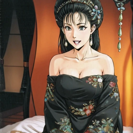 NSFW,mature female,{full_nude},{full_body},big nipple,Pubic hair of the same color as the hair,red cheek, crying, open mouth,skinny,sit on chinese traditional style bed,{best quality}, {very aesthetic}, {ultra-detailed}, {best illustration}