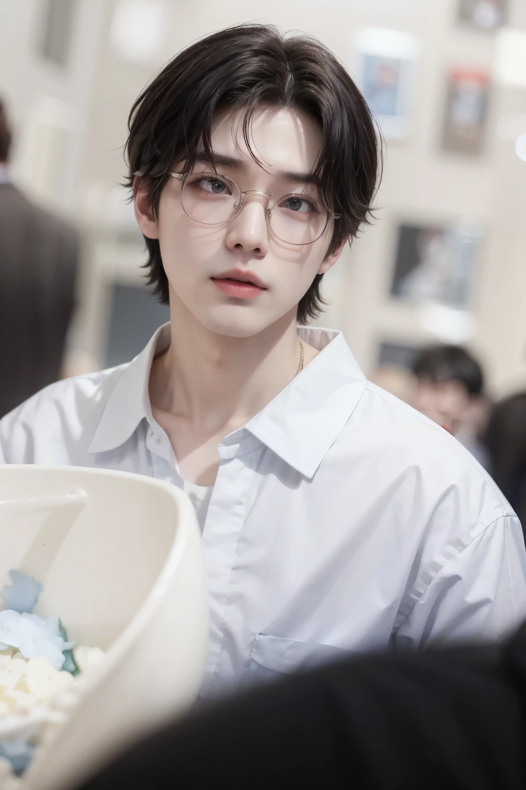 there is a man con gafas and a blue shirt holding a white bowl, Jung Jaehyun, Kim Doyoung, jinyoung shin, kim taejin, cai xukun, pintar ulzzang, con gafas, hyung tae, sakimichan, kousuke oono, Yanjun Chengt, seson yoon, young pale angel, Hong June Hyung