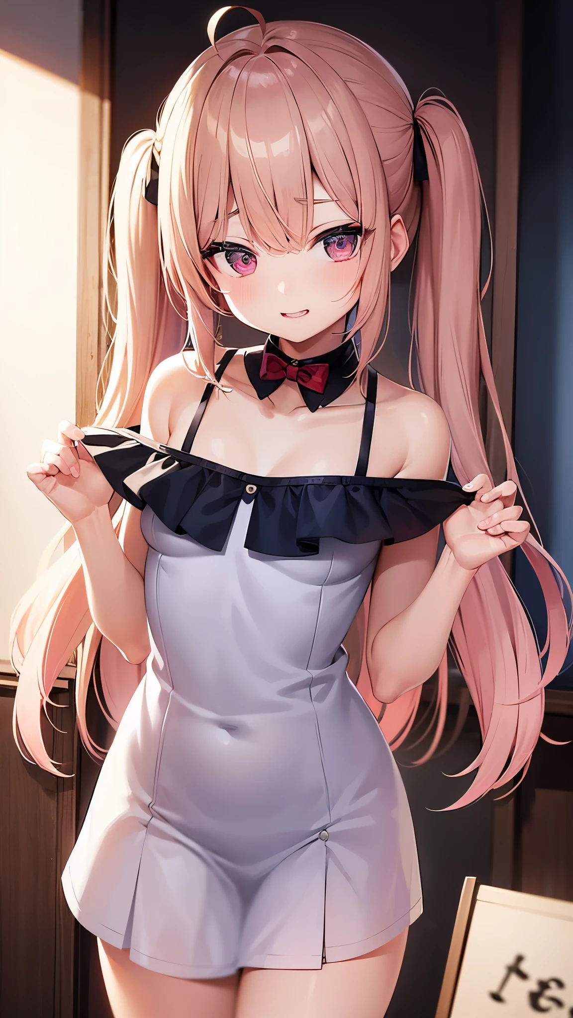 (dynamic angle),pale Light orange Hair, long hair, twintails, hair ribbon, girl1, in the Living room, sofa, (upper body), completely nude, (small nipples:1.2), (small areolas:1.2), kawaii, cute, pale purple eyes,(shy), (blush),light smile, (White nude apron lift:1.2),