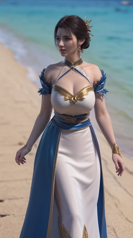 Arad woman in blue dress and white shirt walking on the beach, Realistic anime girl rendering, Rendering a cute 3D anime girl, 3D Rendering Character Art 8K, realistic fantasy rendering, Clothing with blue accents, wearing fantasy clothing, Fantasy Dress Up, Fantasy style costumes, Super detailed fantasy characters, Stunning fantasy 3D rendering