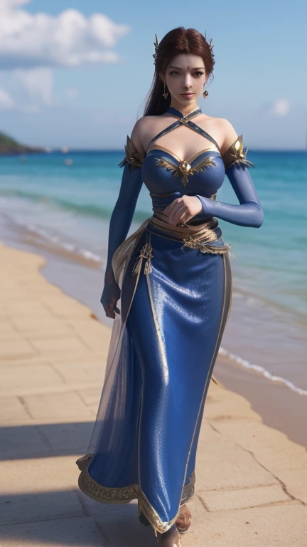 Arad woman in blue dress and white shirt walking on the beach, Realistic anime girl rendering, Rendering a cute 3D anime girl, 3D Rendering Character Art 8K, realistic fantasy rendering, Clothing with blue accents, wearing fantasy clothing, Fantasy Dress Up, Fantasy style costumes, Super detailed fantasy characters, Stunning fantasy 3D rendering