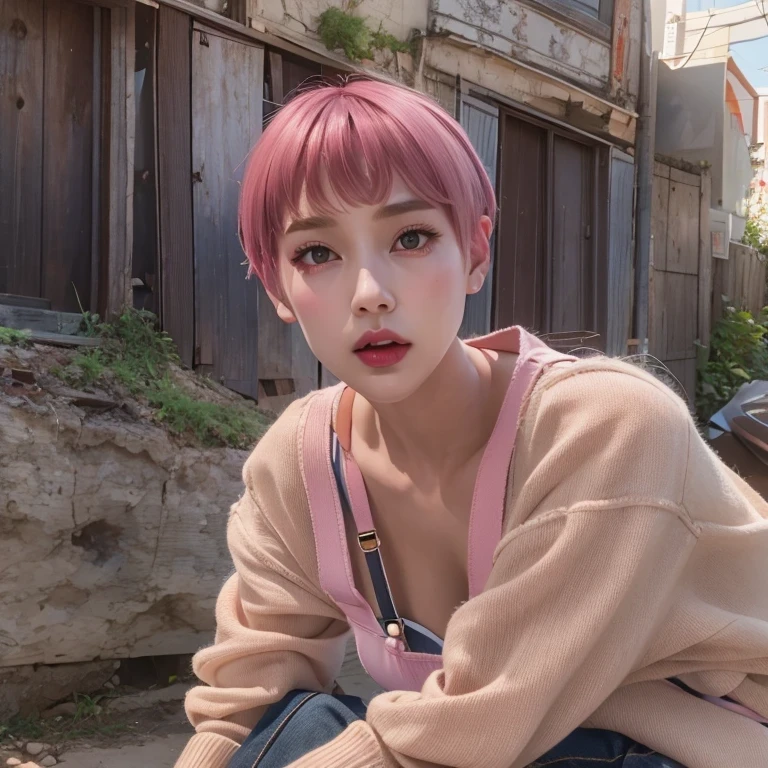 Suspender jeans(masterpiece, best quality:1.2), Very short hair, alone，Pale pink，Light rouge makeup（（（Short hair）））（minor）masterpiece， Outdoor backstreets，Lunar soil，best quality， movie lighting， soft light ,Realistic，facial close-up，Landscape avatar，666， （（1 girl））