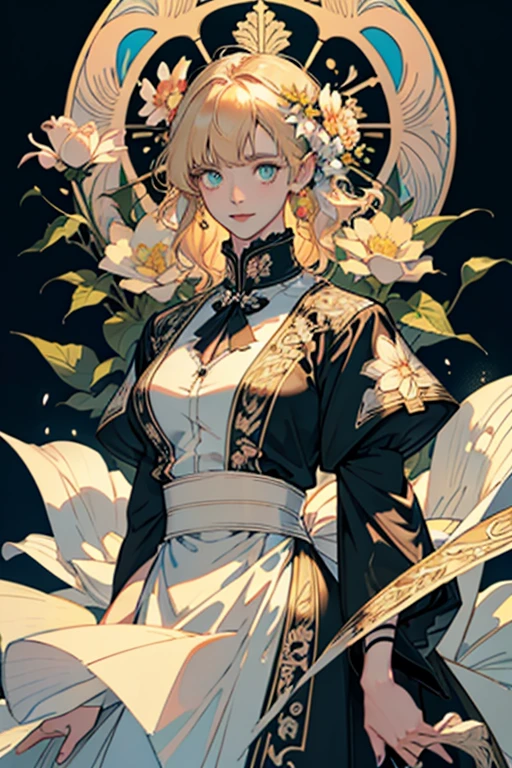 (Art Nouveau:1.25), maximalism artstyle,neon theme,Suprematism,Beautiful detailed flowers, Beautiful detailed eyes,Hyper Detailed,flower,hyper quality,,Eyes,Flowers and hair are the same color,beautifuly color,Face,Her hair is becoming a flower, flower,hair,flower,butterfly,,1 Girl Kawaii,,high details, High quality,Back Light,Hair and clothes are flowers,Upper body ,High quality,hair with body ,webbed dress, Upper body, flower leg, flower hands,body with flower, Clothes and flowers , Dress with flowers, , light Particle,Black background, hair with flower,Small breasts with flowers,Flowers and floating hair,Floating 1 Girl,tiny chest, Marbling of hair and clothes, Looking at Viewer,Original,Arm down, paper cutting, Black background, Flower for Ground, hair with flower,hight resolution, hair with flower,hair with flower ,hair, Wavy Hair ,diffuse lighting, Abstract,Butterfly with body, Hair and flowers, Her hair is flowers,big top sleeves, floating,Pupils, [[Hair over one eye]],Dark SFW,masutepiece, Best Quality, High resolution, 1girl in, Upper body, Description Girls, detail hands, Detail fingers, Detail Face, detail legs, 1girl in, elf, watercolor paiting, pale skin, , Blonde hair, Long hair, Wavy Hair, Green eyes, tareme, medium breasts, white sundress, Bare back,Floral wall panel background,Looking at Viewer,[[Tears]],Smile