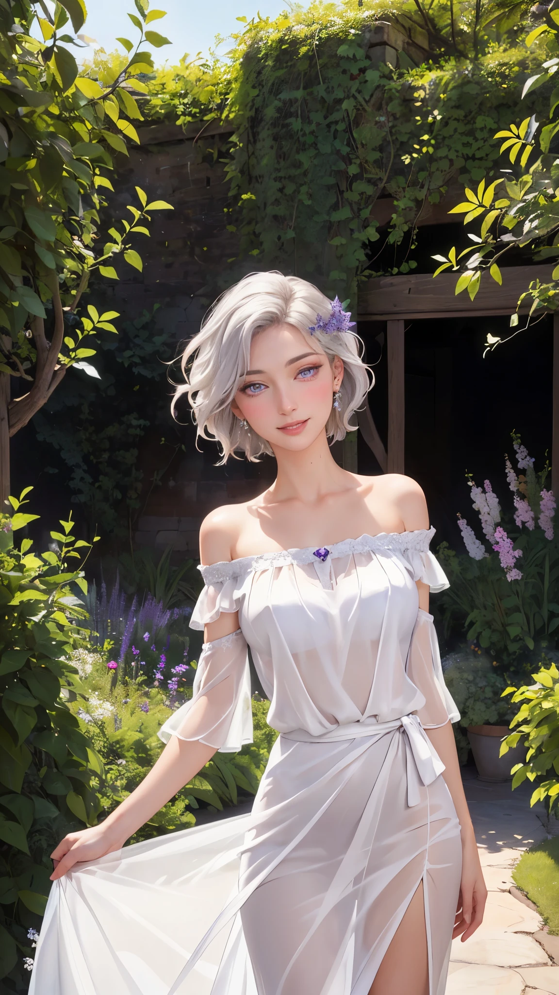 ((((masterpiece, best quality, high resolution)))), Extremely detailed 8K, Beautiful girl with voluptuous body, (Ultra HD, Ultra-detailed, Highly detailed, Highly realistic, Ultra-realistic, photograph realistic), (1girl:1.5), (Realistic white hair), (short wavy hair, hair ornaments, earrings), (dynamic poses), facing at camera, looking at viewer, (blushing red, embarrassed, smile), (purple eyes, sharp eyes), (perky breasts:1.2), (beautiful detailed face, beautiful detailed eyes), ((transparent off shoulder midi mini maxi dress)), (detail pussy), (standing up), sweat, glow, (sunbeam, sunlight), ((cowboy shot)), garden, seductive