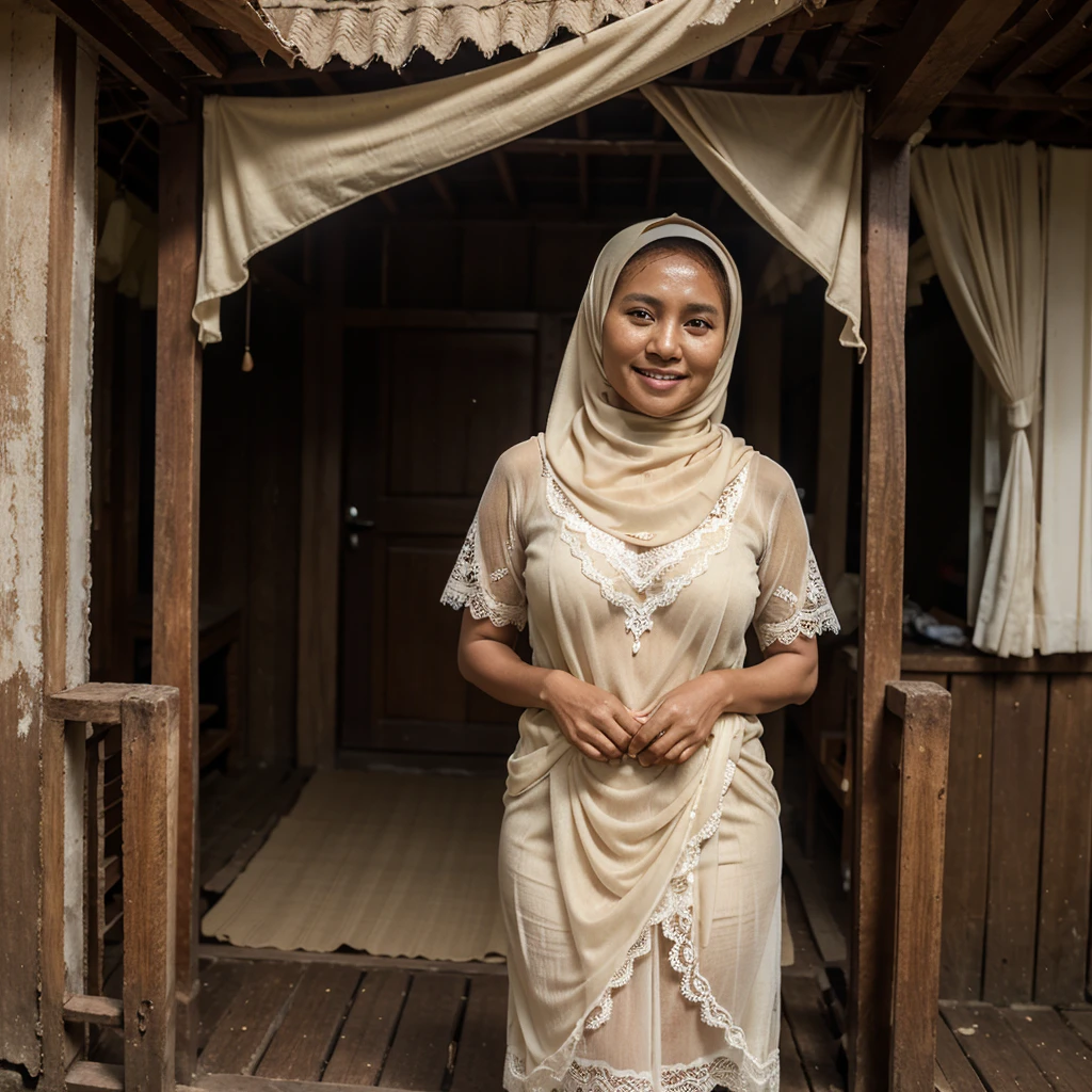 A 52 years old Indonesian woman in cream color hijab, wearing cream color bra, wearing very short see-through cream color lace skirt, villager, poor woman, darker skin, curvier body, short body, smiling and standing alone in an old wooden house, look to the viewer with eye close.