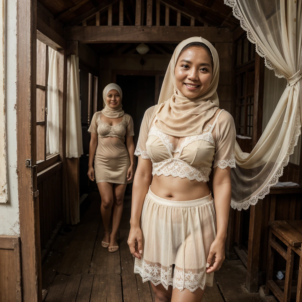A 52 years old Indonesian woman in cream color hijab, wearing cream color bra, wearing very short see-through cream color lace skirt, villager, poor woman, darker skin, curvier body, short body, smiling and standing alone in an old wooden house, look to the viewer with eye close.