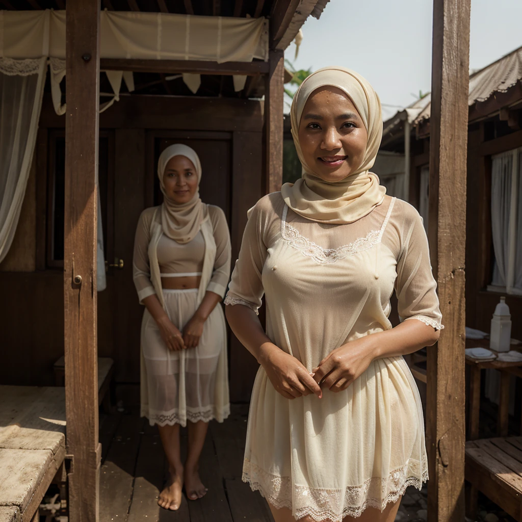 A 52 years old Indonesian woman in cream color hijab, wearing cream color bra, wearing very short see-through cream color lace skirt, villager, poor woman, darker skin, curvier body, short body, smiling and standing alone in an old wooden house, look to the viewer with eye close.