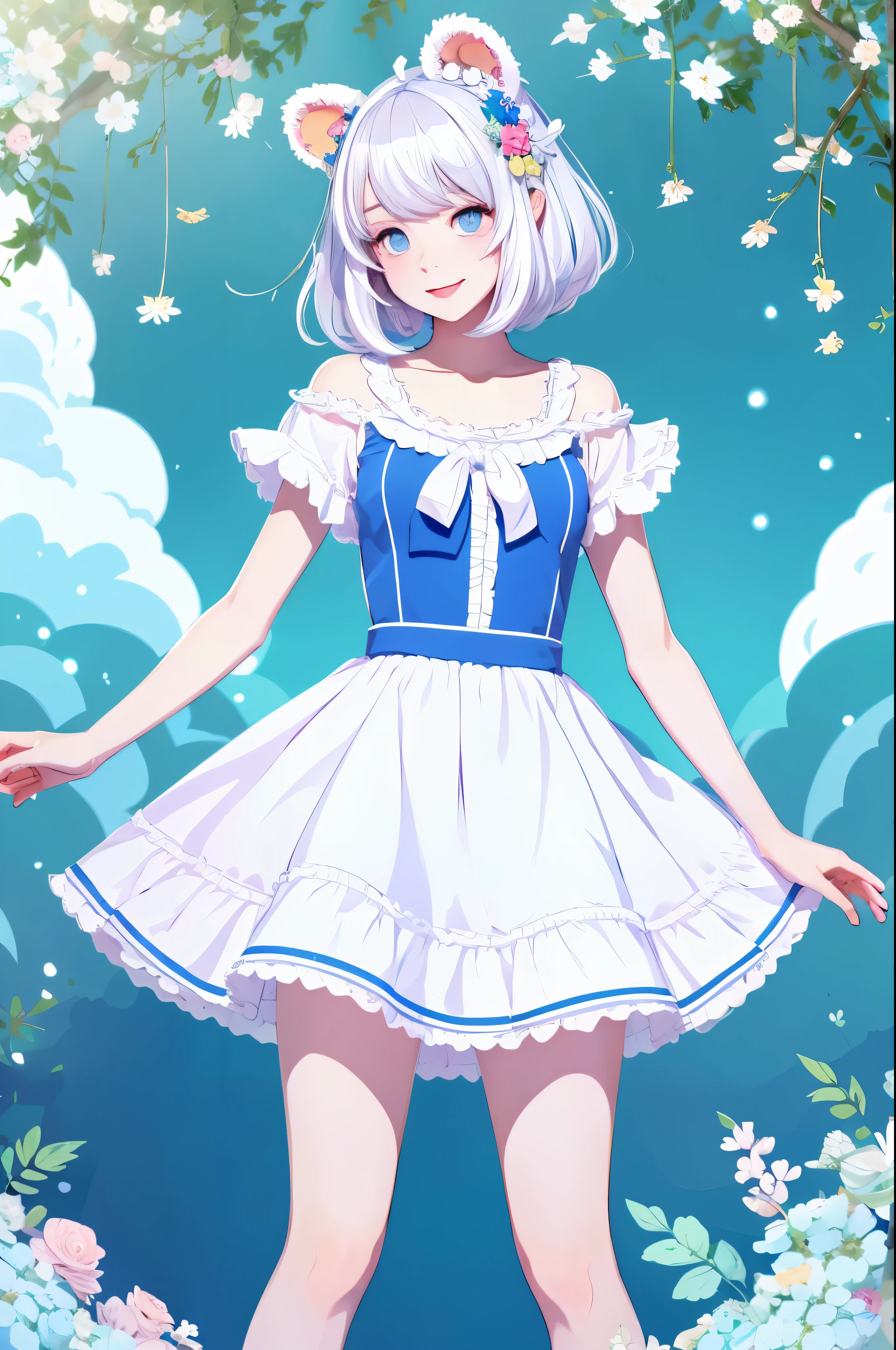 Character Design,An illustration,One girl standing full body,White hair, bear ears and blue eyes,fluffy,Beautiful short dress,high quality,masterpiece,bright,high resolution　