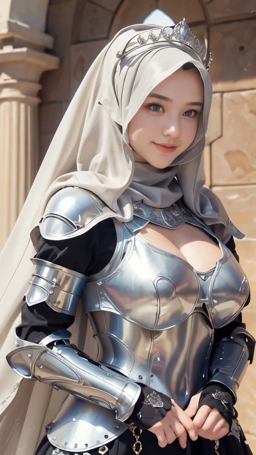 model shoot, (1 girl), long hair, blonde hair, Islamic warrior,silver hijab, golden black outfit, laces, shining:1.5, hyper realistic, super detailed, Dynamic shot, masterpiece, scene sharp détails, perfect eyes, perfect skin, perfect hands, standing, (((super colossal breast))), super round breast, , small waist, blue eyes, super cute face, super beautiful, nice smile, blushing, silver armor, breast armor, luxury pattern armor, princess crown ((half plate armor)),