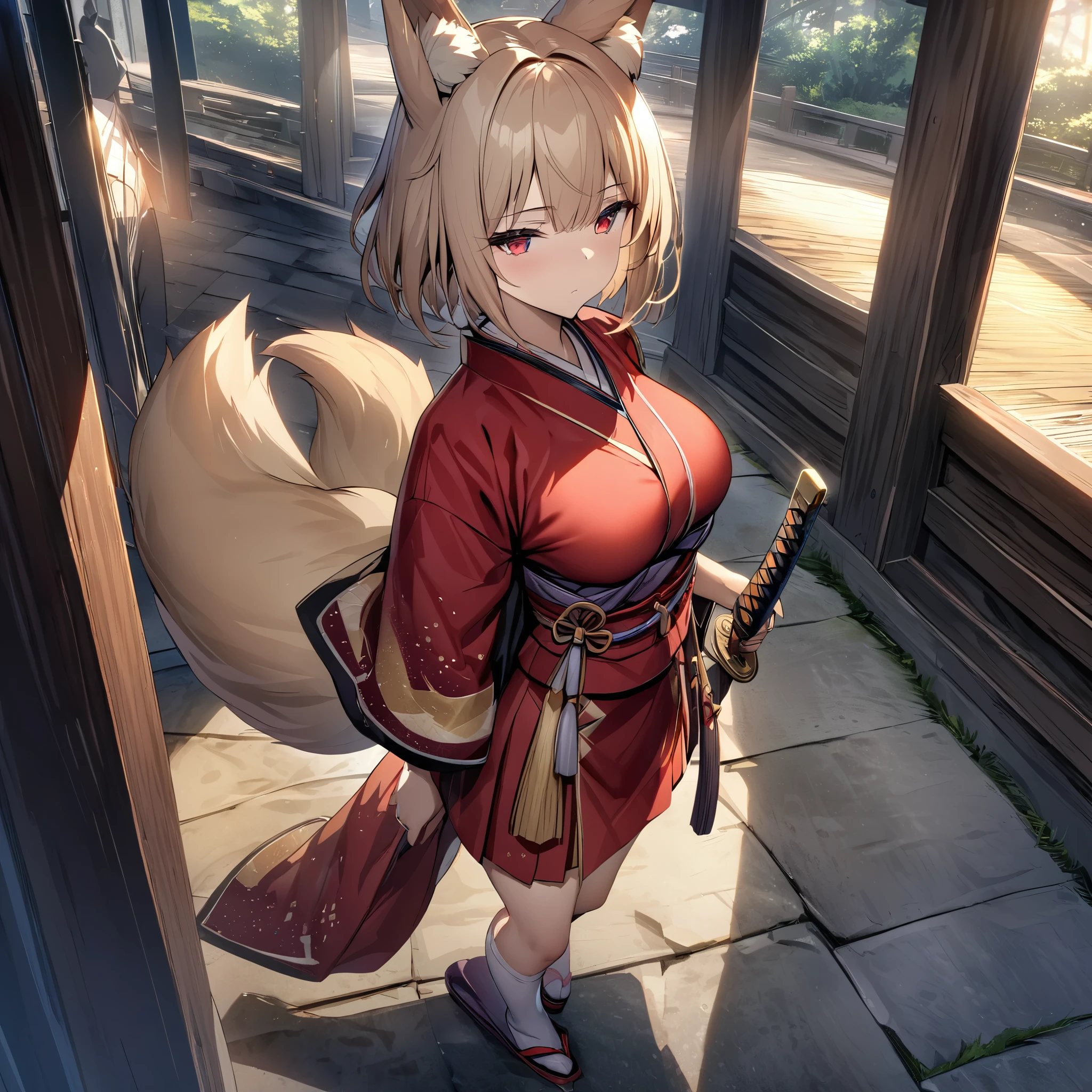 Woman in red kimono with golden details, short skirt, large breasts, beige hair, shoulder-length short hair, red eyes, kitsune ears, kitsune tail, multi-tails, long socks, golden accessories on traditional Japanese head, Japanese women's shoes , holding a katana without a sheath, expressionless face, walking in Japanese placio,HDR, ultra resolution, well defined, masterpiece, 8K HD. (woman alone)