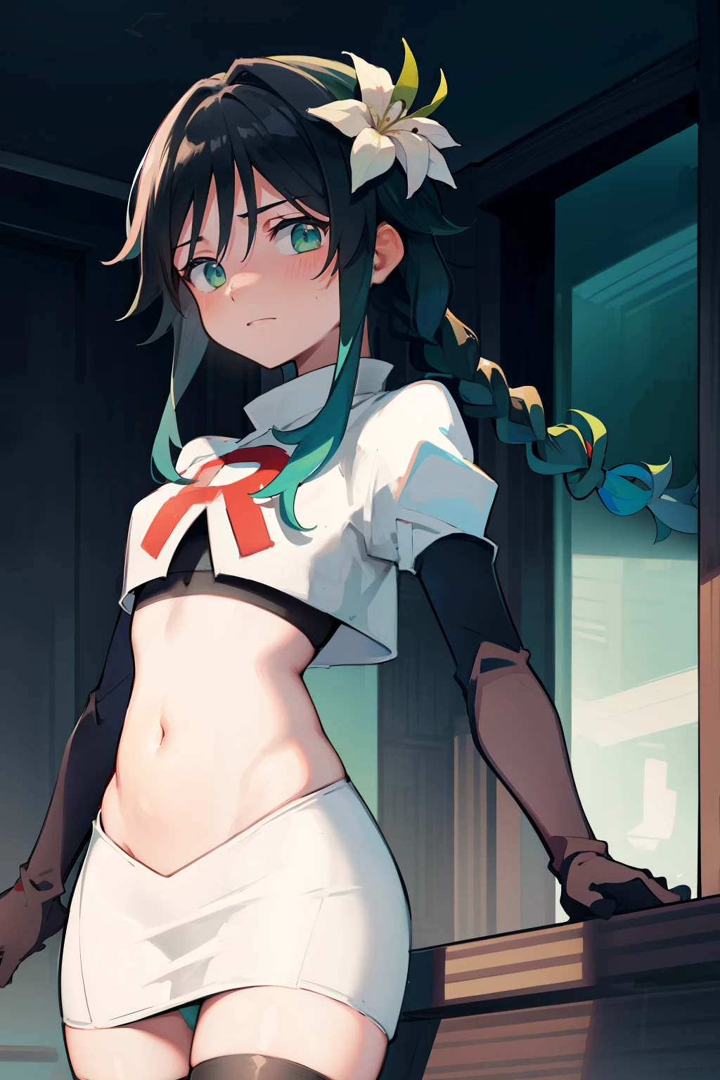 absurdres,venti,1boy, male focus, trap,black hair, green-blue hair, hair braid,hair flower,aqua green eyes,crossdressing,1boy,team rocket,team rocket uniform,white skirt,red letter R,crop top,black thigh-highs,black elbow gloves, embarrassed, blush