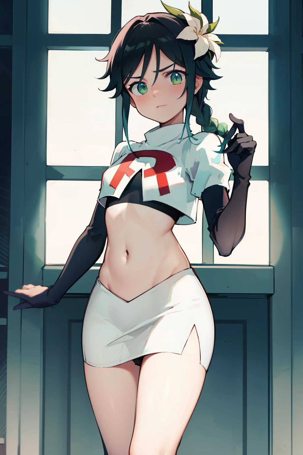absurdres,venti,1boy, male focus, trap,black hair, green-blue hair, hair braid,hair flower,aqua green eyes,crossdressing,1boy,team rocket,team rocket uniform,white skirt,red letter R,crop top,black thigh-highs,black elbow gloves, embarrassed, blush