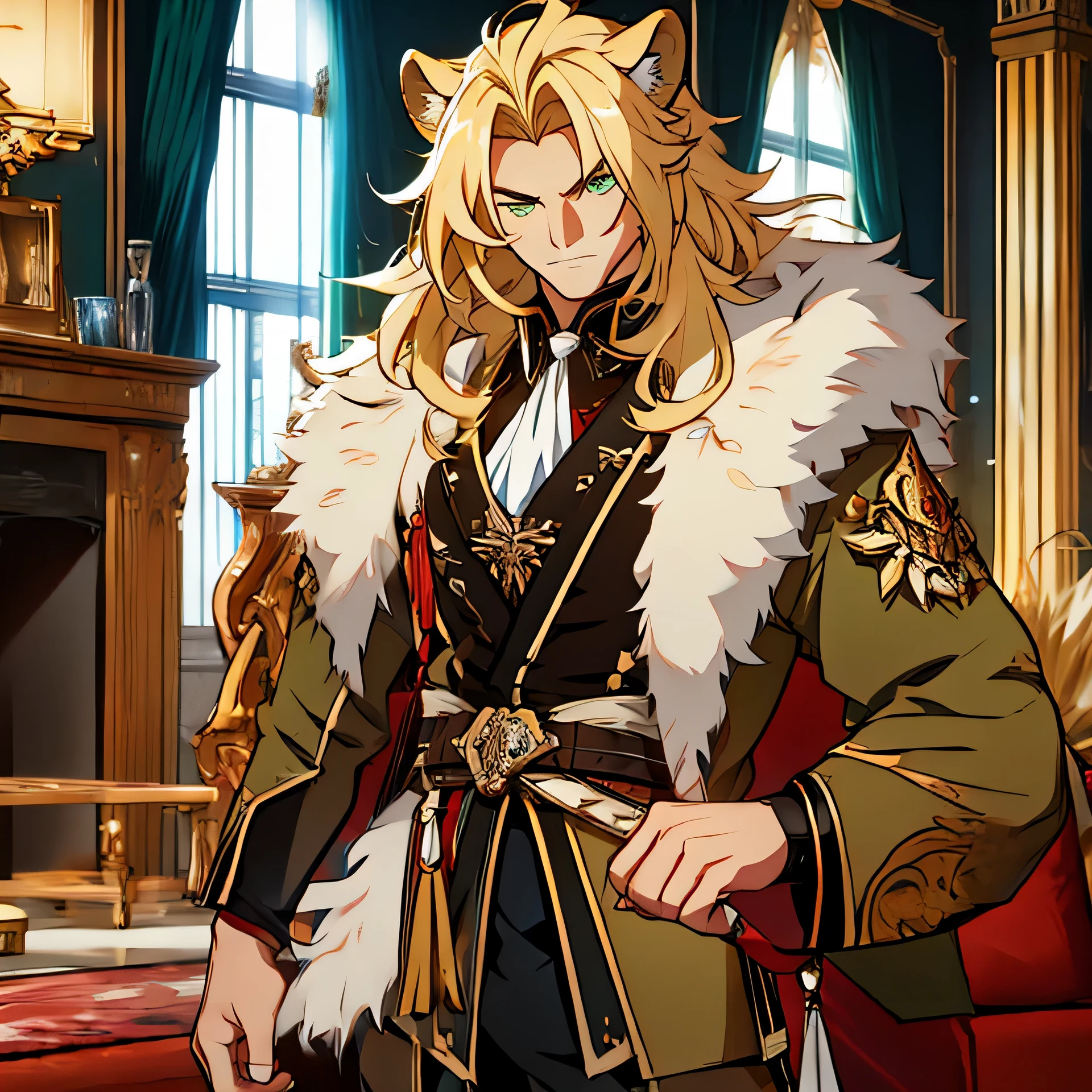 ((One male)), lion ears, very long hair, blond, blond hair, green eyes, tall, (muscular), ((fur lined coat)), beautiful face, ((highest quality)), ((masterpiece)), (2d), ((anime)), (perfect face), ((highest detail)), stubble, lion tail, wavy hair, ((far shot)), (intricate details), claws, ((solo)), ((five fingers)), cargo pants, boots, full body, (detailed eyes), ((living room background))