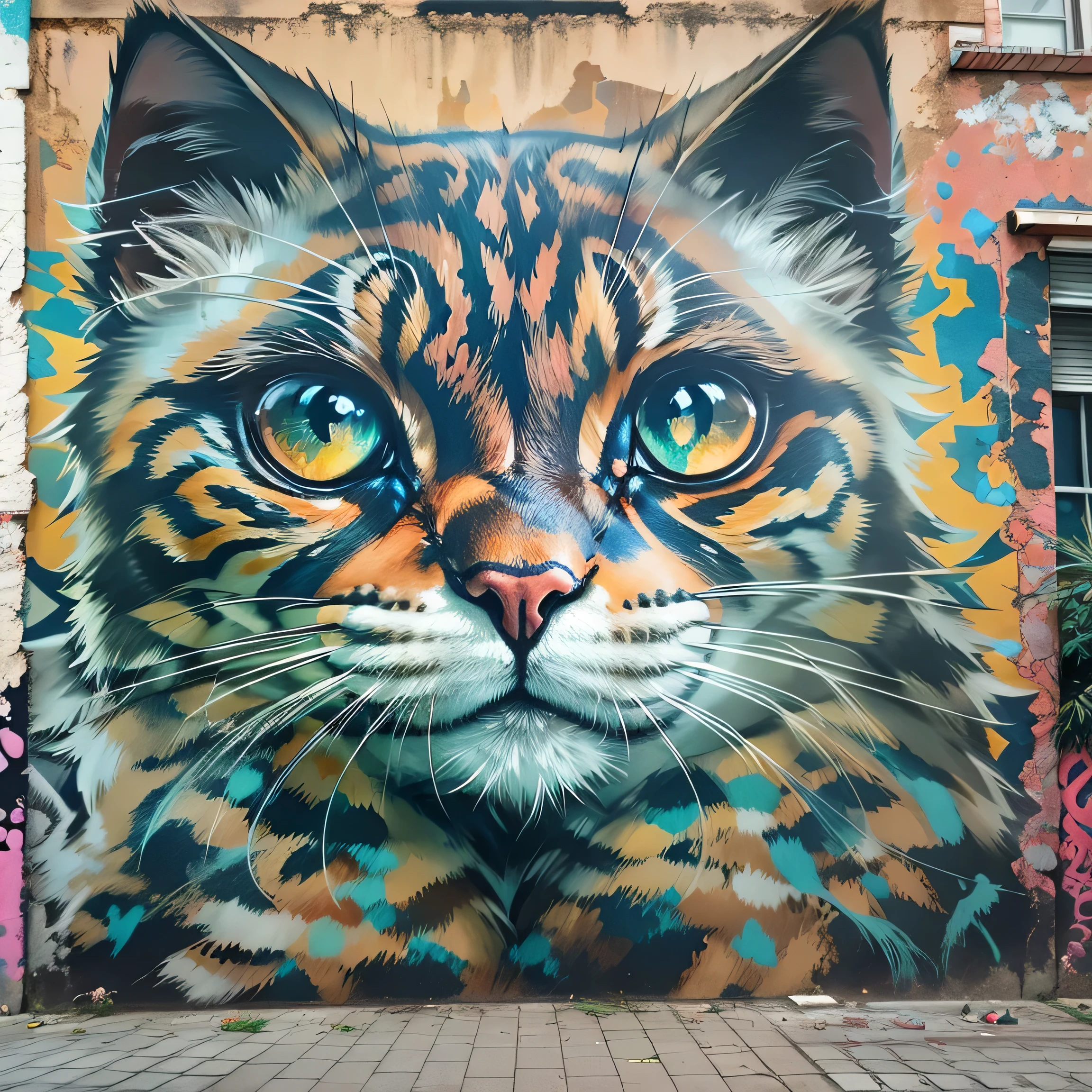 Graffiti of a cat on the wall of a building, Street Art 8 k, Wild art, Street Art, Street Art:4 Jay do, Street Art : 4 Jay do, Street Art, Street Art:2 for do, In the picture of the cat, by Adam Szentpétery, do:Mugger, Street Art:2, painted on a giant wall