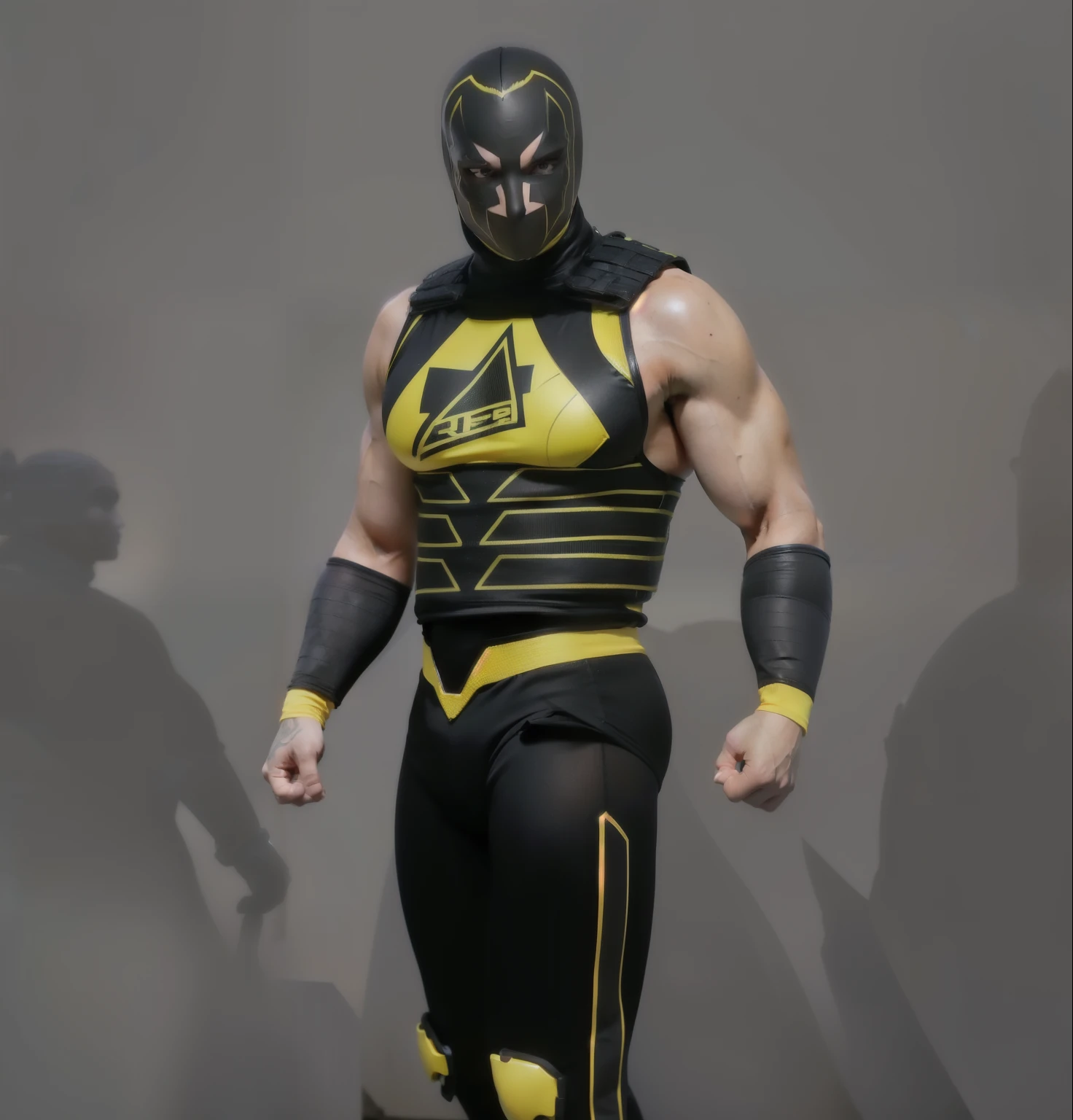 ultra realistic ,highly detailed ,male wrestler in black mask and black body suit with yellow trim letter"A" on metal chest plate, black wrist band with yellow trim, fit muscular body, best quality, ultra high res, (photorealistic:1.4), 8k resolution, 1girl, (random hair:1.3), (realistic hair:1.2), (American girl:1.2), (European girl:1.2), (realistic eyes:1.2), (beauty face:1.3)