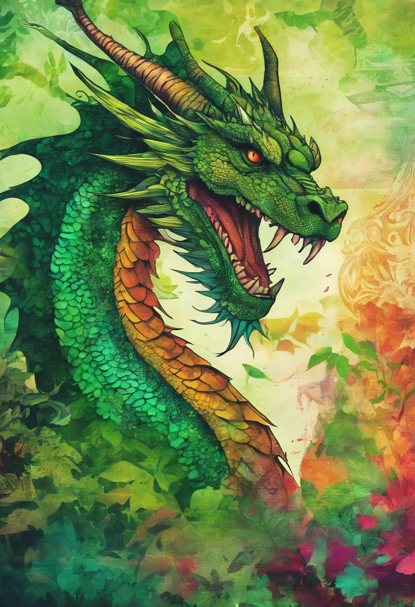 Dragon nuance vert ondoyant, tropical forest background ::2 colorful ink painting ::2 art fantasy