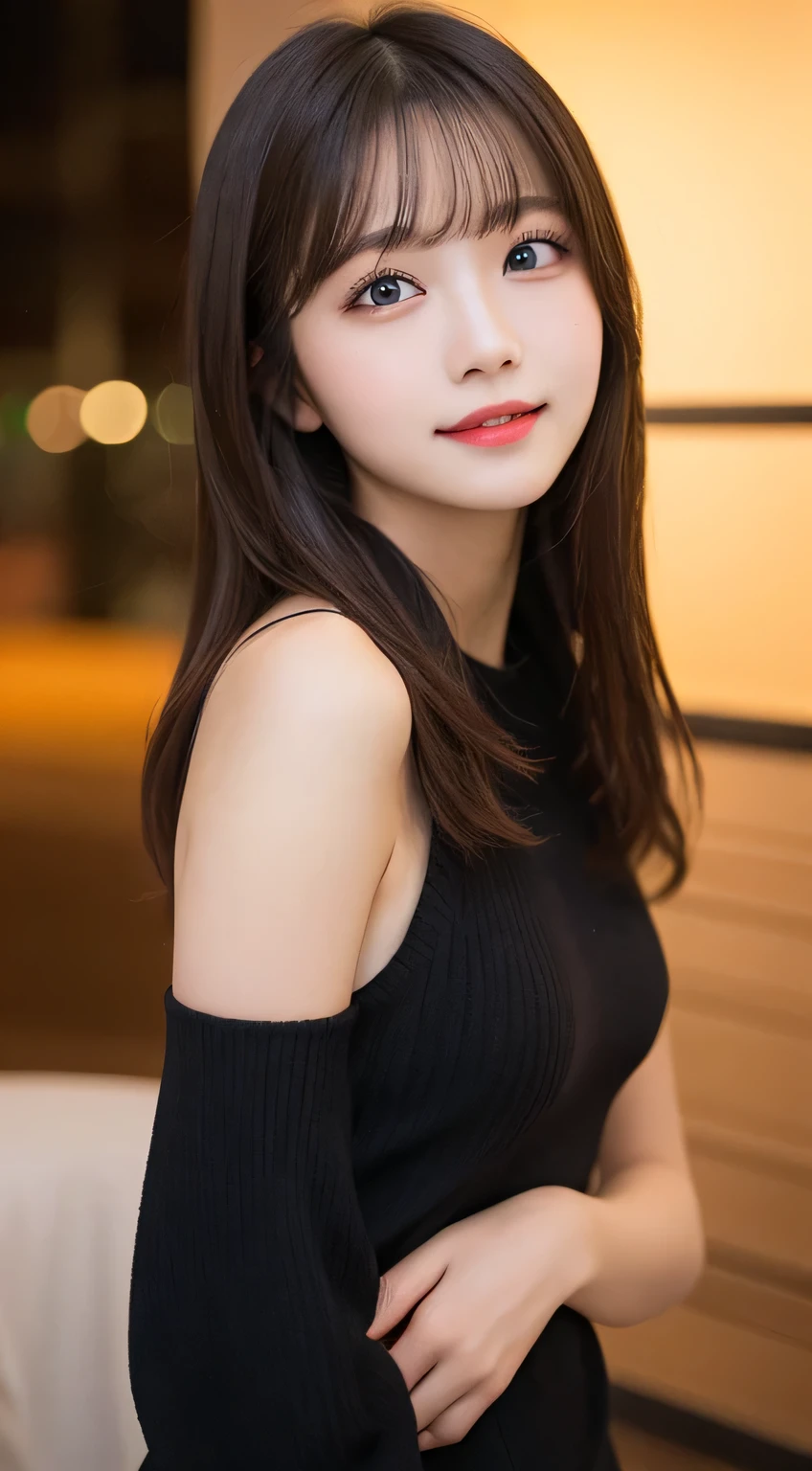 table top, highest quality, shape, Super detailed, finely, High resolution, 8k wallpaper, 完璧なダイナミックな構shape, beautiful and detailed eyes, medium hair, small breasts, natural color lip, random sexy pose,smile,big city、20 year old girl、midnight、Beautiful and dense face、perfect and beautiful face,Big eyes、Raw photo、spread your arms and legs wide、Expressing feminine poses with your whole body、beautiful and detailed eyes、small face、beautiful duplex、slim face and style,luxury brand black coat、beautiful golden ratio face、blur background