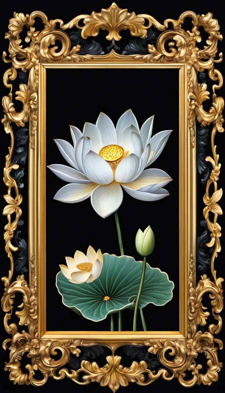 Black background Fit in the frame Small baroque frame at the top center Lotus flower Does not protrude
