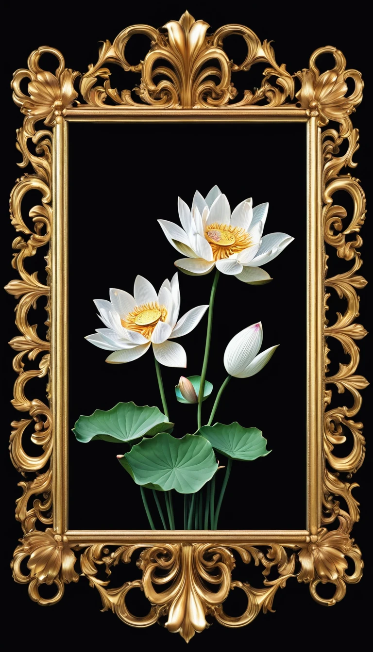 Black background Fit in the frame Small baroque frame at the top center Lotus flower Does not protrude