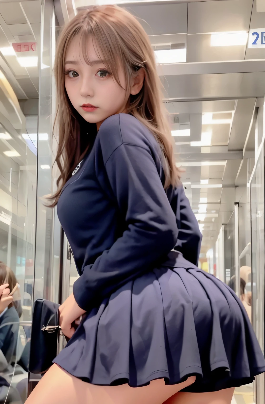 A girl in a crowded train, wearing a pleated skirt. The train is moving and it's a bit crowded. Suddenly, a girl feels someone grabbing her butt. She turns around and sees three people between her and the person who touched her. The girl, with her beautiful face and fair skin, feels embarrassed but tries to stay calm. She looks super beautiful with her long eyelashes and cute lips. Feeling humiliated, she flips her skirt and gets down on all fours, sticking her big butt out towards the audience. The silhouette looks erotic and catches the attention of the onlookers. The scene is captured in a photo-realistic style, with vivid colors and sharp focus. The lighting highlights the girl's figure and accentuates her curves. (best quality, 4k, highres, masterpiece:1.2), ultra-detailed, realistic:1.37, pleated skirt, cute, embarrassed, beauty.