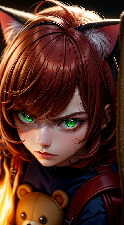 Green Eyes, annie, Red Hair, angry, brown leather backpack, short hair, fake cat ears, long bangs, fire, teddy bear, tibbers, purple shirt, flame, throwing, close up, glowing
